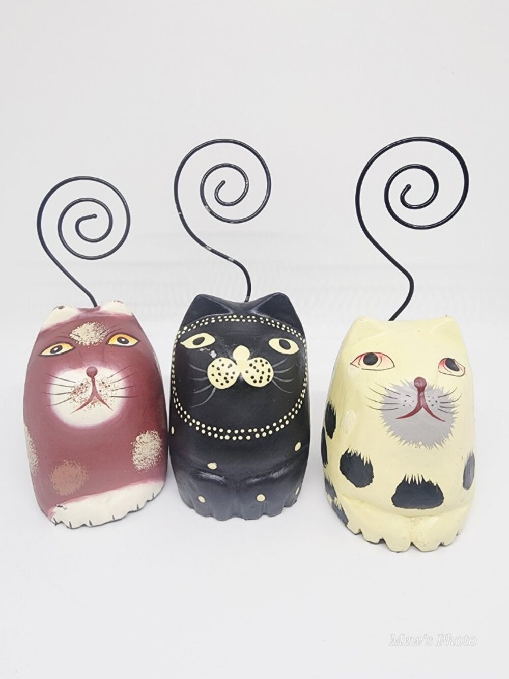 Vintage Carved Wooded Cats Hand Painted-Curly Wire Tails